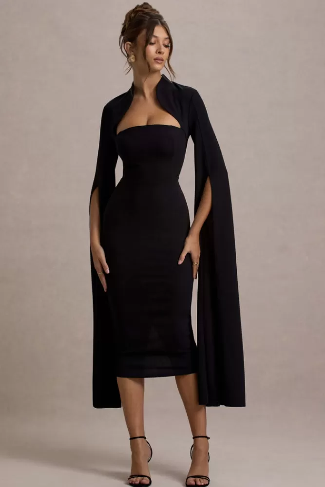 Club L London Linden | Bodycon Cape-Sleeve Midi Dress BLACK Store