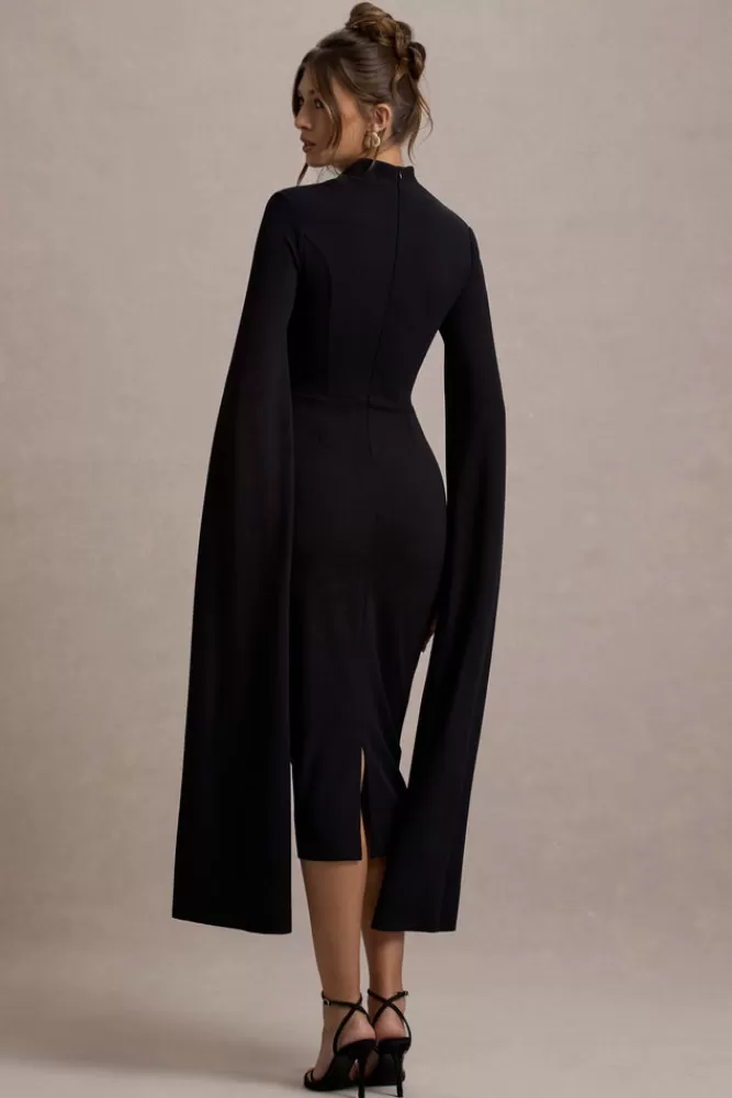 Club L London Linden | Bodycon Cape-Sleeve Midi Dress BLACK Store