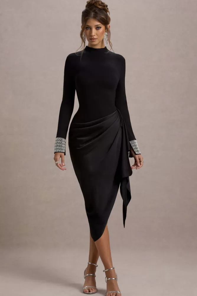Club L London Luanna | Satin Long-Sleeve Midi Dress With Draped Skirt BLACK Store