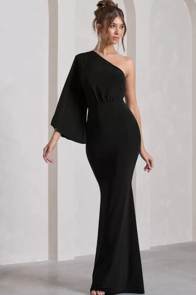 Club L London Luciana | One Shoulder Drape Sleeve Maxi Dress BLACK Flash Sale