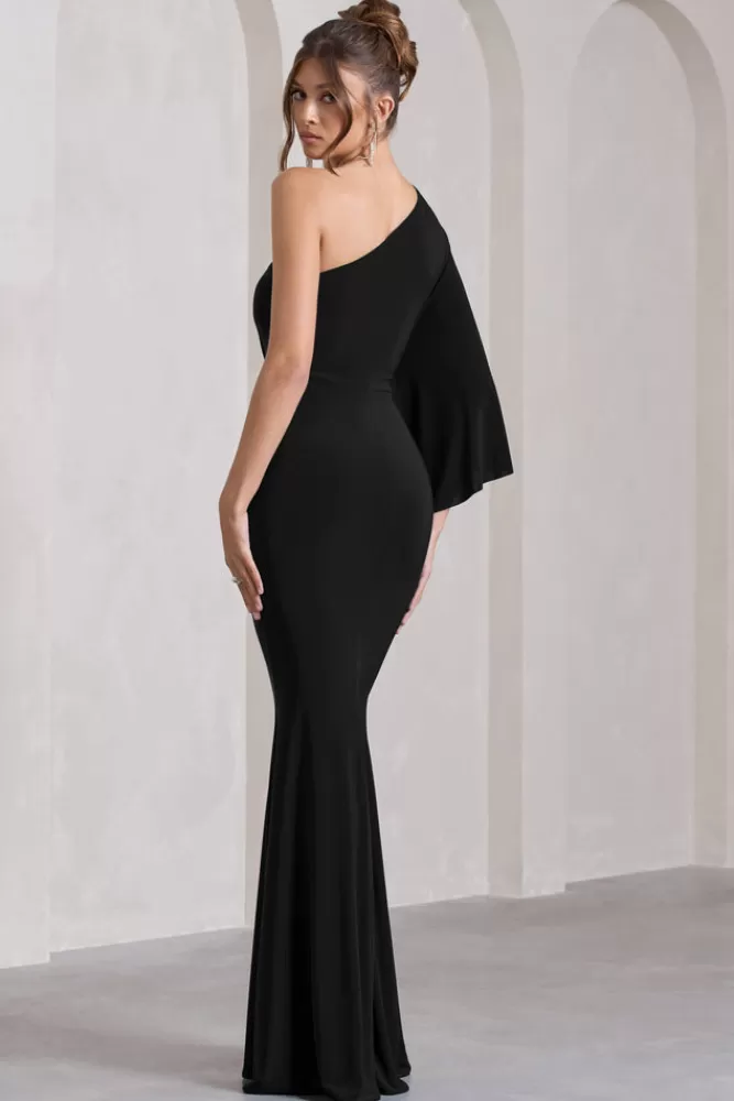Club L London Luciana | One Shoulder Drape Sleeve Maxi Dress BLACK Flash Sale