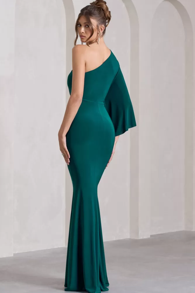 Club L London Luciana | Bottle Green One Shoulder Drape Sleeve Maxi Dress BOTTLEGREEN Cheap