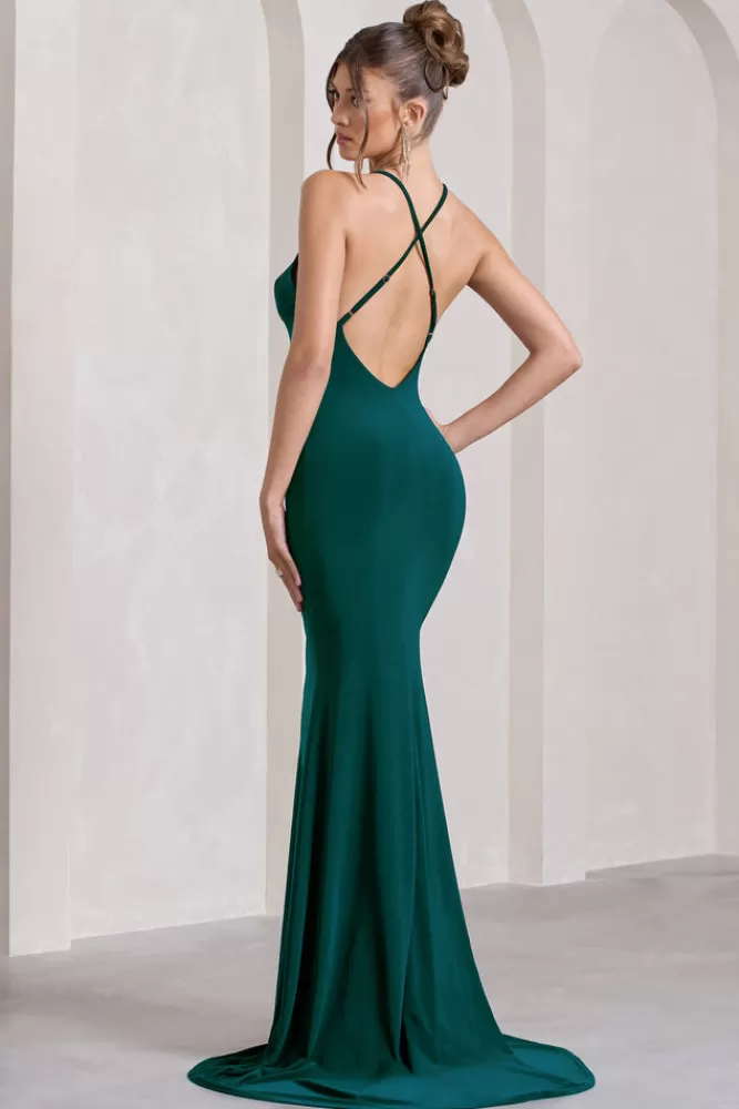 Club L London Lucky Number | Bottle Green Cross Back Fishtail Maxi Dress BOTTLEGREEN Best
