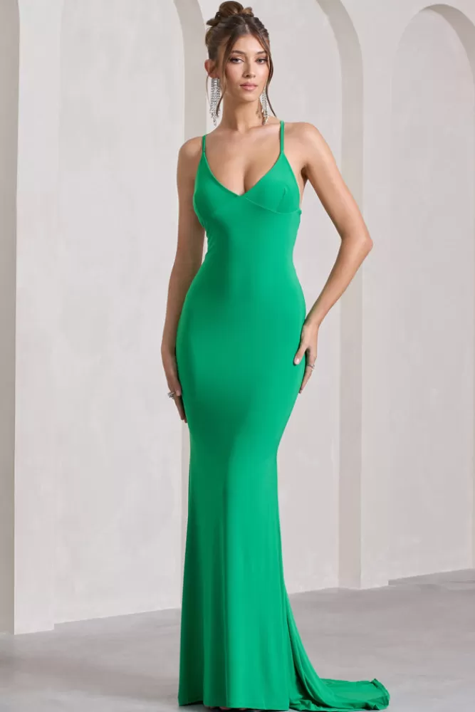 Club L London Lucky Number | Cross Back Fishtail Maxi Dress GREEN Discount