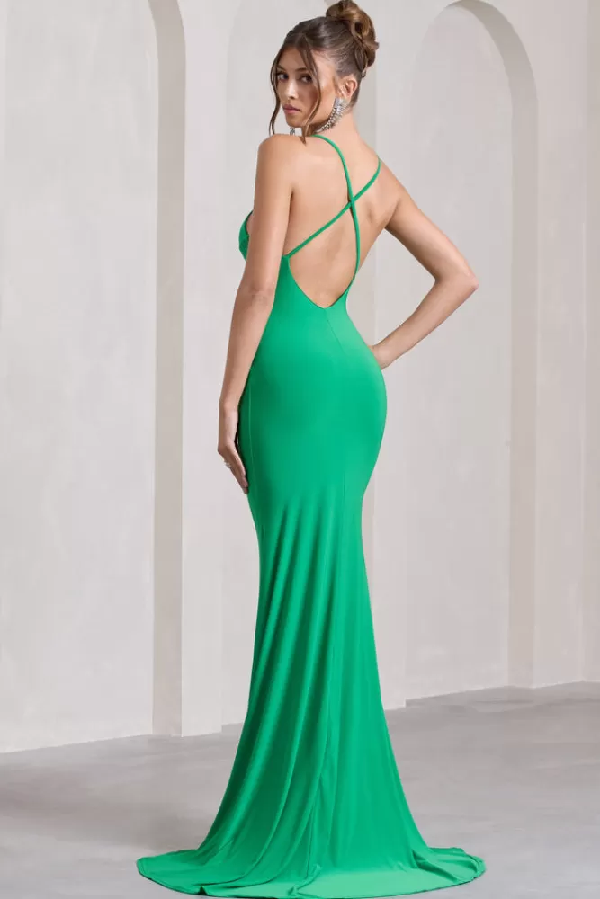 Club L London Lucky Number | Cross Back Fishtail Maxi Dress GREEN Discount