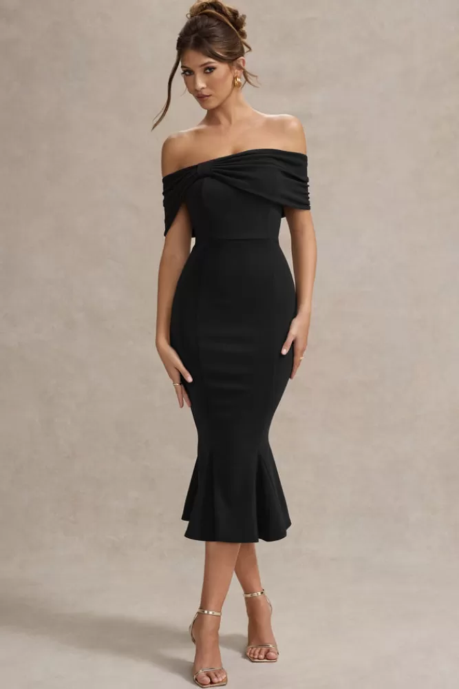 Club L London Lydia | Bardot Bow Detail Midi Dress BLACK Fashion