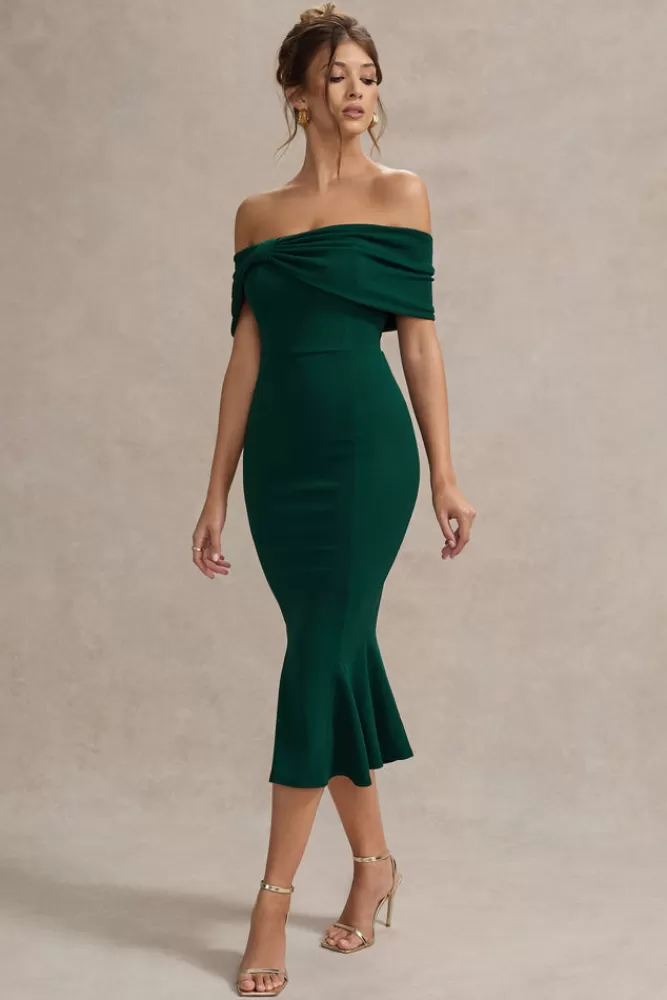 Club L London Lydia | Bottle Green Bardot Bow Detail Midi Dress BOTTLEGREEN Outlet
