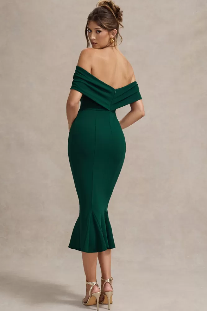 Club L London Lydia | Bottle Green Bardot Bow Detail Midi Dress BOTTLEGREEN Outlet