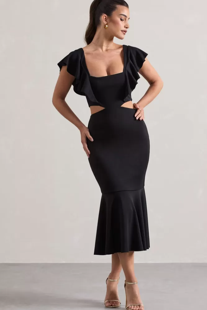 Club L London Macey | Square-Neck Cut-Out Ruffled Midi Dress BLACK Outlet