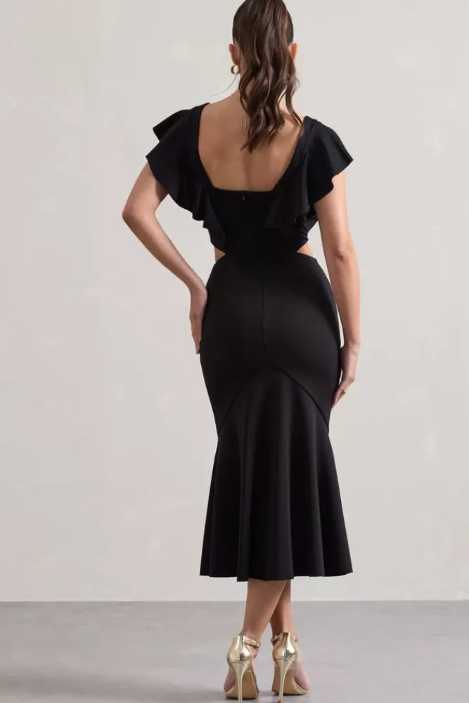 Club L London Macey | Square-Neck Cut-Out Ruffled Midi Dress BLACK Outlet