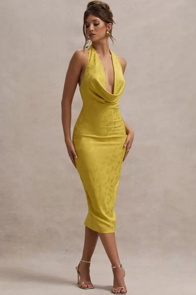 Club L London Maciza | Satin Jacquard Cowl-Neck Midi Dress MUSTARD Store