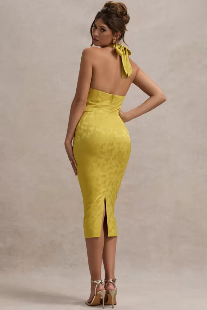 Club L London Maciza | Satin Jacquard Cowl-Neck Midi Dress MUSTARD Store