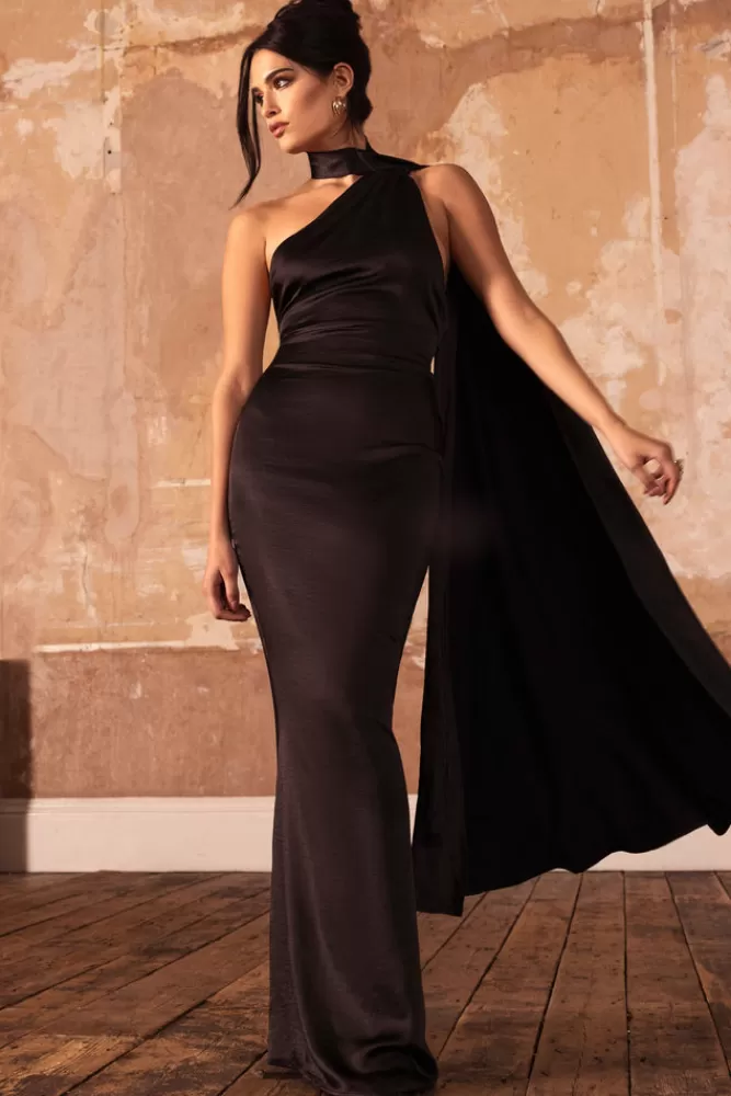 Club L London Mademoiselle | Satin Asymmetric Scarf Neck Backless Maxi Dress Black Clearance