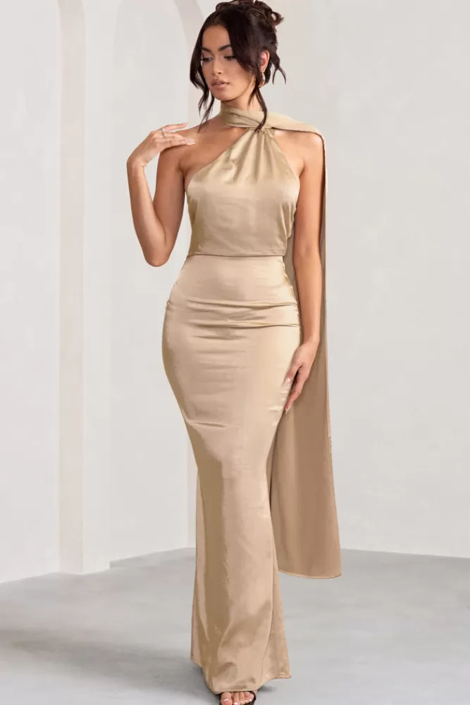 Club L London Mademoiselle | Satin Asymmetric Scarf Neck Backless Maxi Dress CHAMPAGNE Best