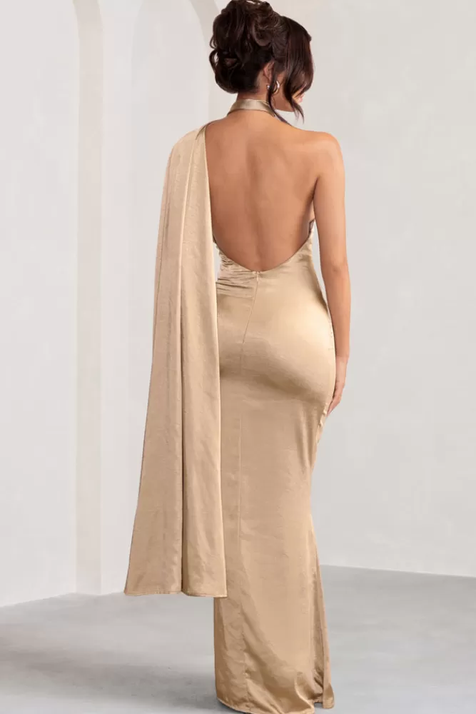 Club L London Mademoiselle | Satin Asymmetric Scarf Neck Backless Maxi Dress CHAMPAGNE Best