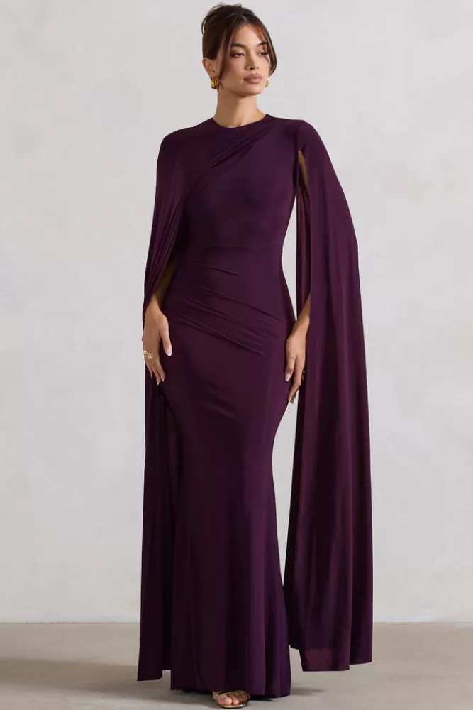 Club L London Magdelena | Asymmetric Cape Maxi Dress PLUM Best