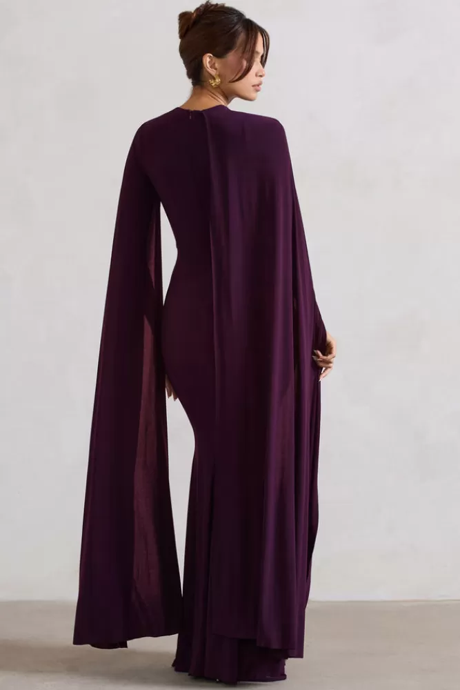 Club L London Magdelena | Asymmetric Cape Maxi Dress PLUM Best