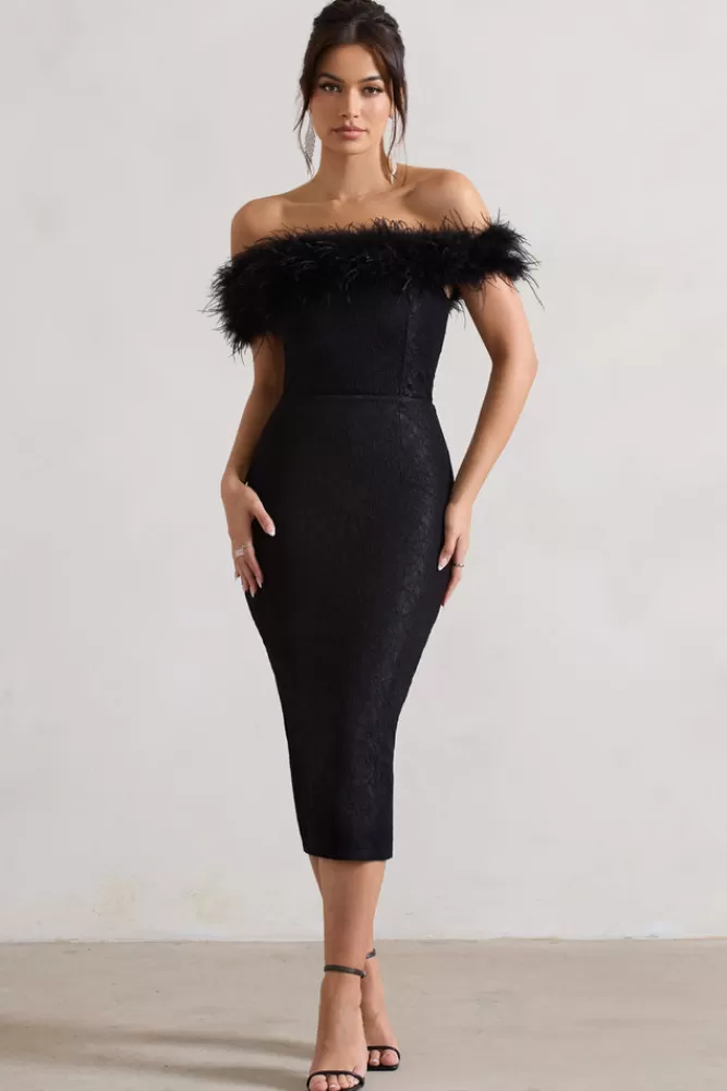 Club L London Maiden | Lace Bardot Midi Dress With Feather Trim BLACK Online