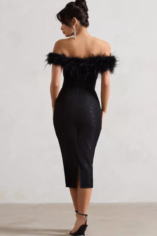 Club L London Maiden | Lace Bardot Midi Dress With Feather Trim BLACK Online