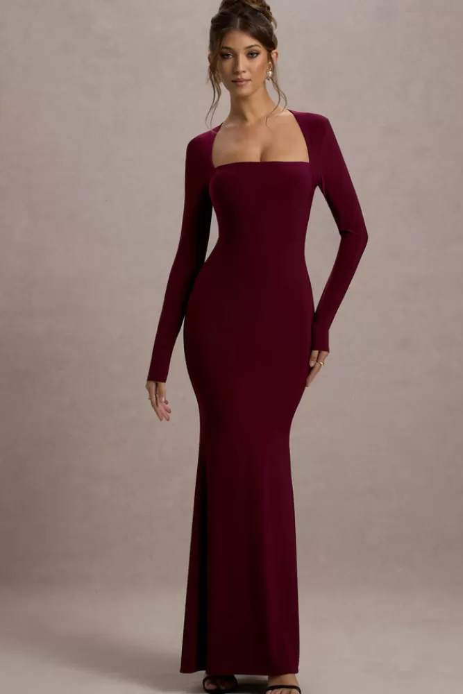 Club L London Maja | Square-Neck Long-Sleeve Maxi Dress burgundy Sale