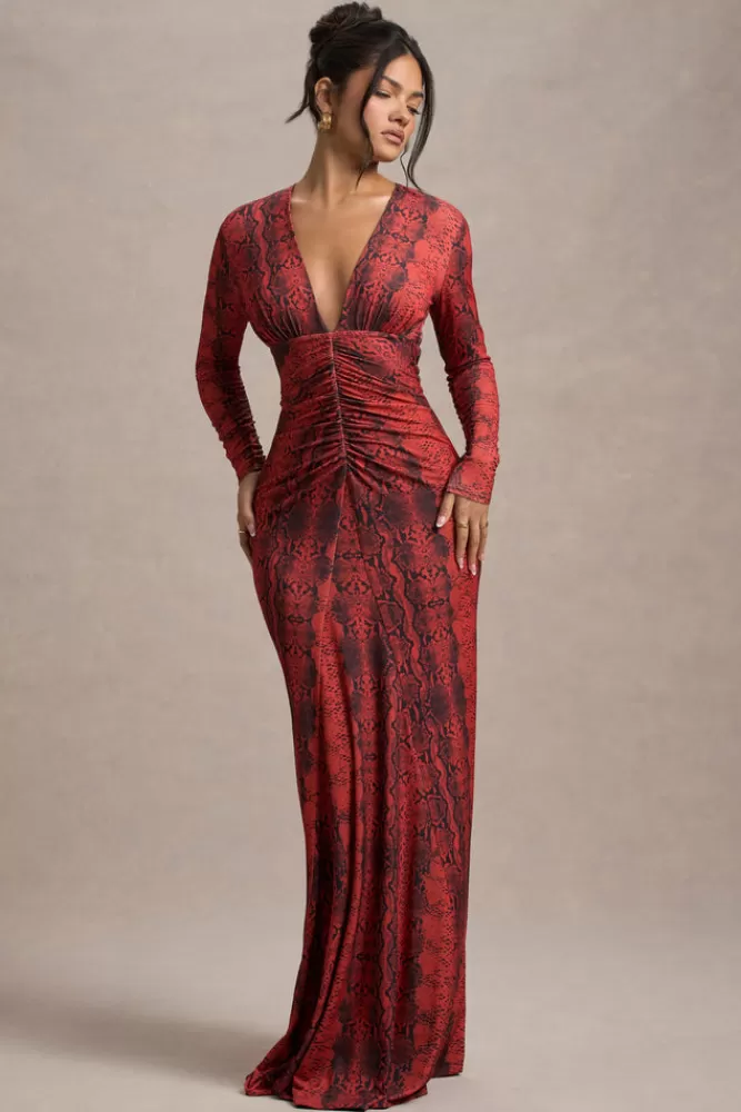 Club L London Mamba | Red Snake Print Plunge-Neck Long-Sleeve Maxi Dress REDSNAKEPRINT Best Sale