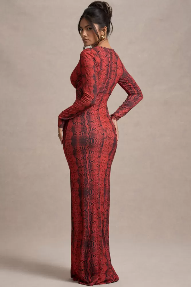 Club L London Mamba | Red Snake Print Plunge-Neck Long-Sleeve Maxi Dress REDSNAKEPRINT Best Sale